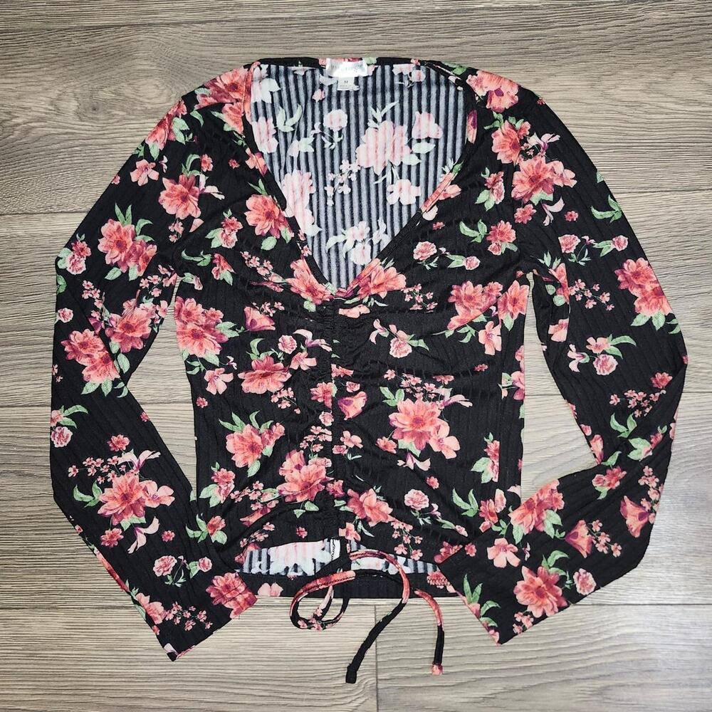 Orange Kiss black floral long sleeve top with tie detail women's size medium